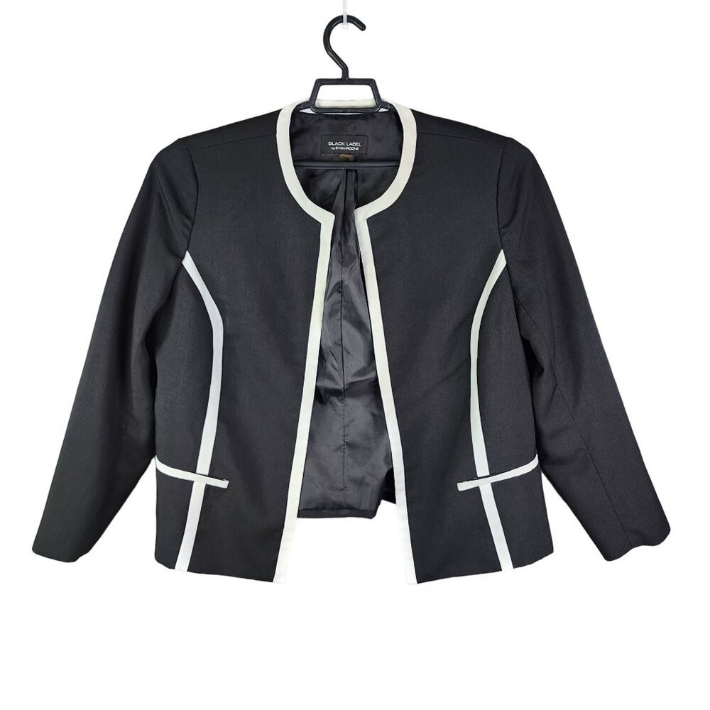 Womens Black Label By Evan-Picone Black/White Trim Blazer Jacket Open Front 16